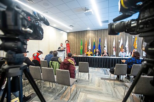 MIKAELA MACKENZIE / WINNIPEG FREE PRESS

Treaty One chairperson chief Gordon Bluesky speaks at a press conference announcing that Naawi-Oodena was officially converted to reserve, which will be developed into residential and commercial space starting in the spring of 2023, in Winnipeg on Monday, Dec. 19, 2022. For Gabby story.
Winnipeg Free Press 2022.