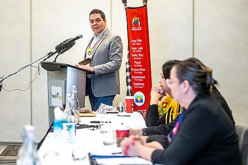 MIKAELA MACKENZIE / WINNIPEG FREE PRESS

Treaty One chairperson chief Gordon Bluesky speaks at a press conference announcing that Naawi-Oodena was officially converted to reserve, which will be developed into residential and commercial space starting in the spring of 2023, in Winnipeg on Monday, Dec. 19, 2022. For Gabby story.
Winnipeg Free Press 2022.