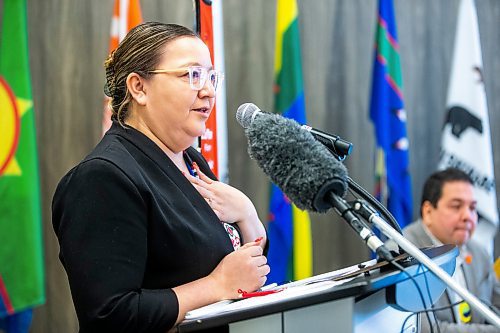 MIKAELA MACKENZIE / WINNIPEG FREE PRESS

Assembly of First Nations regional chief Cindy Woodhouse speaks at a press conference announcing that Naawi-Oodena was officially converted to reserve, which will be developed into residential and commercial space starting in the spring of 2023, in Winnipeg on Monday, Dec. 19, 2022. For Gabby story.
Winnipeg Free Press 2022.