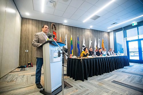 MIKAELA MACKENZIE / WINNIPEG FREE PRESS

Treaty One chairperson chief Gordon Bluesky speaks at a press conference announcing that Naawi-Oodena was officially converted to reserve, which will be developed into residential and commercial space starting in the spring of 2023, in Winnipeg on Monday, Dec. 19, 2022. For Gabby story.
Winnipeg Free Press 2022.