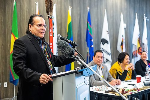 MIKAELA MACKENZIE / WINNIPEG FREE PRESS

Southern Chiefs' Organization grand chief Jerry Daniels speaks at a press conference announcing that Naawi-Oodena was officially converted to reserve, which will be developed into residential and commercial space starting in the spring of 2023, in Winnipeg on Monday, Dec. 19, 2022. For Gabby story.
Winnipeg Free Press 2022.