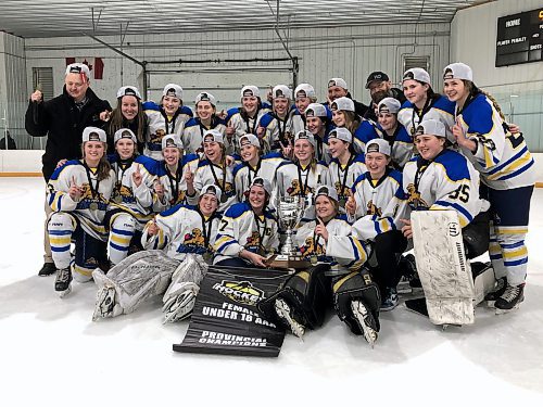The Westman Wildcats celebrate after winning the Manitoba Female Hockey League U18 AAA championship. (Lucas Punkari/The Brandon Sun)