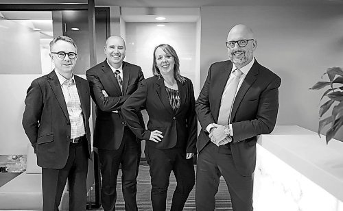 RUTH BONNEVILLE / WINNIPEG FREE PRESS

BIZ - merger

Photo of the four partners of the new merged firm,  John Reimer-Epp, Kerry UnRuh. Andrea Dodgson and Brent Kaneski. 

Subject: Story about the merger of two smallish firms who operated across the road from each other -- BD Oakes Jardine Kaneski UnRuh LLP (formerly Booth Dennehy) and Deeley Fabbri Sellen to form DFS Kaneski UnRuh. 

Martin Cash  | Business Reporter/ Columnist

Dec 21st, 2022



