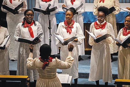 Daniel Crump / Winnipeg Free Press. A choir sings Christmas songs during Carols of Christmas: The Greatest Story Ever Told at the Apostolic Faith Church in Winnipeg. December 18, 2022.