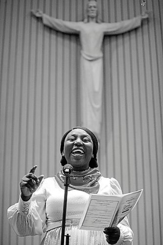 Daniel Crump / Winnipeg Free Press. Pelumi Ruth Enejoh sings Christmas songs during Carols of Christmas: The Greatest Story Ever Told at the Apostolic Faith Church in Winnipeg. December 18, 2022.