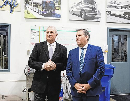 JESSICA LEE / WINNIPEG FREE PRESS

CEO and president of New Flyer Industries, Paul Soubry (left) and Deputy Premier Cliff Cullen are photographed after a press announcement of a loan to NFI, at NFI&#x2019;s bus warehouse on December 23, 2022.

Reporter: Danielle Da Silva