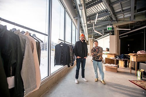 MIKAELA MACKENZIE / WINNIPEG FREE PRESS

Daniel Basanes (left) and Chris Watchorn, co-creators of Hobby&#x2022;ism (a new menswear store opening this Boxing Day), pose for a photo in the shop on Colony Street in Winnipeg on Friday, Dec. 23, 2022. For Gabby story.
Winnipeg Free Press 2022.