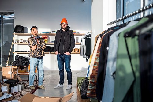 MIKAELA MACKENZIE / WINNIPEG FREE PRESS

Daniel Basanes (left) and Chris Watchorn, co-creators of Hobby&#x2022;ism (a new menswear store opening this Boxing Day), pose for a photo in the shop on Colony Street in Winnipeg on Friday, Dec. 23, 2022. For Gabby story.
Winnipeg Free Press 2022.