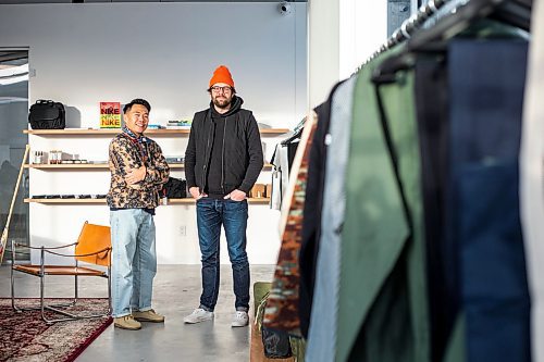 MIKAELA MACKENZIE / WINNIPEG FREE PRESS

Daniel Basanes (left) and Chris Watchorn, co-creators of Hobby&#x2022;ism (a new menswear store opening this Boxing Day), pose for a photo in the shop on Colony Street in Winnipeg on Friday, Dec. 23, 2022. For Gabby story.
Winnipeg Free Press 2022.