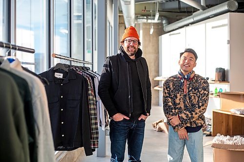 MIKAELA MACKENZIE / WINNIPEG FREE PRESS

Daniel Basanes (left) and Chris Watchorn, co-creators of Hobby&#x2022;ism (a new menswear store opening this Boxing Day), pose for a photo in the shop on Colony Street in Winnipeg on Friday, Dec. 23, 2022. For Gabby story.
Winnipeg Free Press 2022.