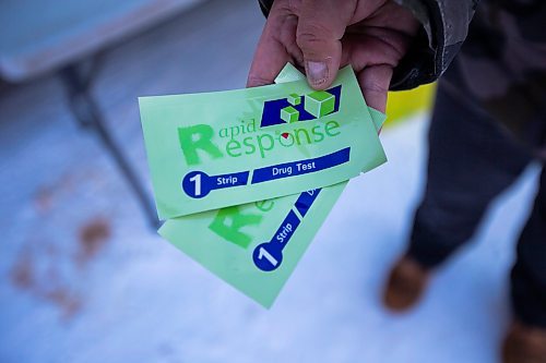 Daniel Crump / Winnipeg Free Press. Davey Cole holds drug testing kits, which can help detect if drugs are laced with substances such as fentanyl. MOPS is run by Sunshine House. December 24, 2022.