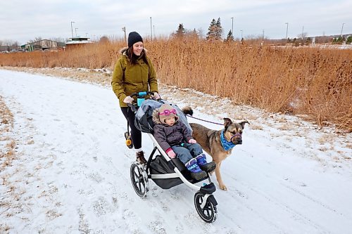 Catherine Whitecloud walks with her daughter Hannah Johnson and dog Carter at the Riverbank Discovery Centre last month. (Tim Smith/The Brandon Sun)