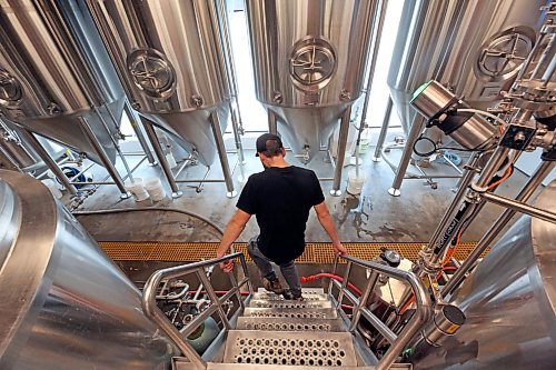Section 6 brewer Ben Loewen walks down the stairs from a platform in the brew house, while giving a tour of the building at 1126 Princess Avenue. (Matt Goerzen/The Brandon Sun)