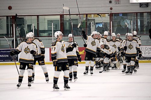 The Neepawa Titans celebrate after their 7-4 win over the Waywayseecappo Wolverines during a Manitoba Junior Hockey League game at the Yellowhead Centre on Dec. 21. (Lucas Punkari/The Brandon Sun)