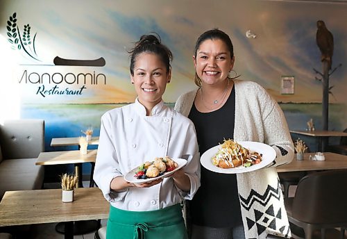 RUTH BONNEVILLE / WINNIPEG FREE PRESS 

ENT - Manoomin

Photo of Head chef Jennifer Ballantyne and general manager Morgan Beaudry and their menu items like, Bannock taco recipe and fried bannock fritter dessert.  

Subject: The Manoomin restaurant recently opened inside the Wyndham Garden hotel operated by Long Plain First Nation. The restaurant, which translates to wild rice, features a menu of Indigenous inspired dishes and local ingredients created by head chef Jennifer Ballantyne.

Eva Wasney

Nov 24th, 2022