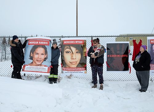 JESSICA LEE / WINNIPEG FREE PRESS

Protestors (from left to right) George Robinson, Melissa Normand, Alaya McIvor and Jolene Wilson are photographed at the encampment at Brady Landfill on December 27, 2022.

Reporter: Chris Kitching