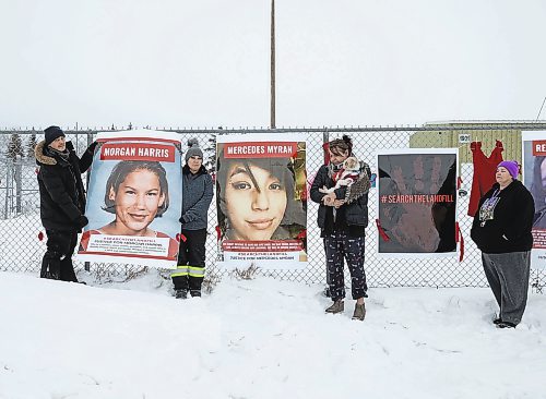 JESSICA LEE / WINNIPEG FREE PRESS

Protestors (from left to right) George Robinson, Melissa Normand, Alaya McIvor and Jolene Wilson are photographed at the encampment at Brady Landfill on December 27, 2022.

Reporter: Chris Kitching