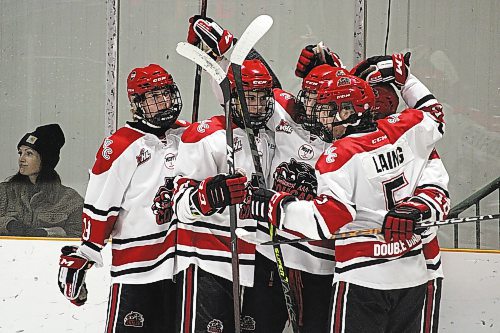 The Southwest Cougars celebrate after scoring a goal against the Parkland Rangers during a Manitoba AAA Under-18 Hockey League game in Killarney earlier this month. (Lucas Punkari/The Brandon Sun)
