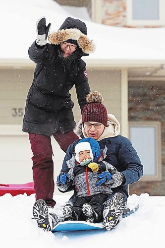 27122022
Almost-two-year-old Ethan Liu sleds with his parents Katie Zhang and Louis Liu on a small hill along Sycamore Avenue in Brandon's south end on Tuesday.
(Tim Smith/The Brandon Sun)