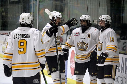 Celebrations like this one have been common for the Brandon Wheat Kings this season as they currently lead the Manitoba AAA Under-18 Hockey League with a 24-2-1 mark. (Lucas Punkari//The Brandon Sun)