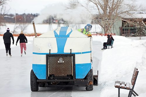 A worker driving an ice resurfacer polishes the ice at the Brandon Skating Oval late last month. (Tim Smith/The Brandon Sun)