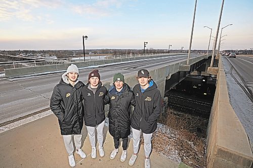 01122022
Brandon Wheat Kings players Jake Chiasson, Calder Anderson, Nolan Ritchie and Ben Thornton were driving together on Tuesday evening when they spotted a man in distress on the First Street Bridge in Brandon. The group called 911 while Anderson talked to the man until police arrived. (Tim Smith/The Brandon Sun)
