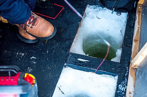 MIKAELA MACKENZIE / WINNIPEG FREE PRESS

Ricky Wolf fishes at an ice fishing village on the river in Lockport on Friday, Dec. 30, 2022. For Malak story.
Winnipeg Free Press 2022.