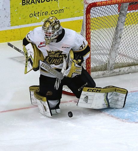 Brandon Wheat Kings goalie Nick Jones (33) makes one of his eight saves in relief in his team&#x2019;s 6-2 loss to the Moose Jaw Warriors in Western Hockey League action at Westoba Place on Saturday. (Perry Bergson/The Brandon Sun)