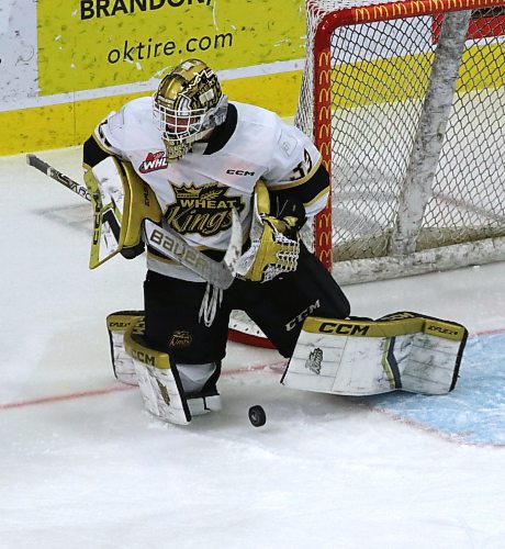 Brandon Wheat Kings goalie Nick Jones (33) makes one of his eight saves in relief in his team’s 6-2 loss to the Moose Jaw Warriors in Western Hockey League action at Westoba Place on Saturday. (Perry Bergson/The Brandon Sun)