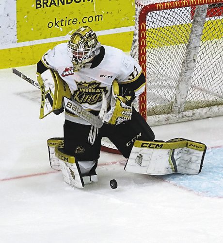 Brandon Wheat Kings goalie Nick Jones (33) makes one of his eight saves in relief in his team&#x2019;s 6-2 loss to the Moose Jaw Warriors in Western Hockey League action at Westoba Place on Saturday. (Perry Bergson/The Brandon Sun)