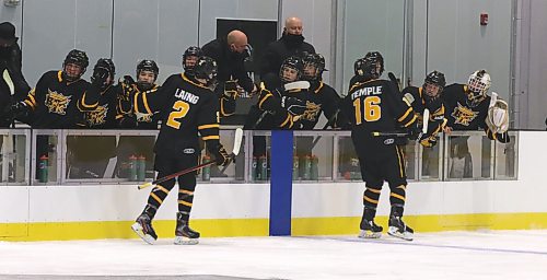 If there’s one thing the U15 AAA Brandon Wheat Kings had lots of opportunity to practise last season, it was the fly-by at the bench after they scored. Head coaches Dave Lewis and Craig Anderson are in the background. (Perry Bergson/The Brandon Sun)