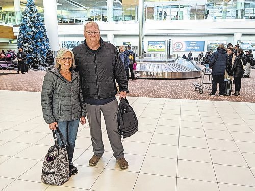 Chris Kitching / Winnipeg Free Press
Mardelle and Gwynn Williams, from Melfort, Sask., were waiting for a flight to Saskatoon on Monday, after arriving in Winnipeg around 1:30 a.m. on a Sunwing plane carrying customers who were stranded in Puerto Vallarta, Mexico, for days.