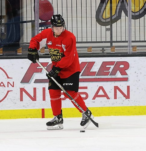 Brandon Wheat Kings forward Caleb Hadland skated for the first time on Monday since breaking his fibula near the ankle during the World Under-17 Hockey Challenge on Nov. 3. (Perry Bergson/The Brandon Sun)
