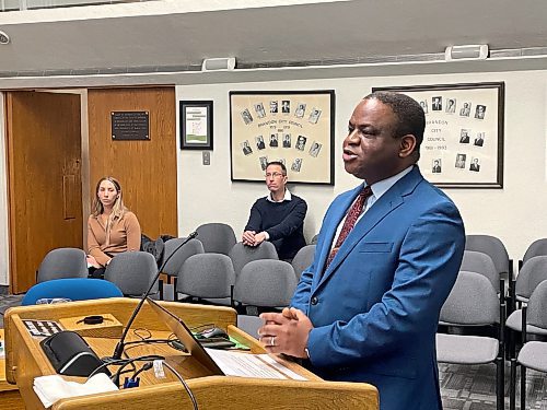 Brandon Downtown Development Corporation executive director Emeka Egeson asked Brandon City Council to raised his organization's annual budget from $400,000 in 2022 to $550,000 on Tuesday. (Colin Slark/The Brandon Sun)