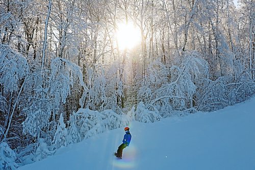 03012023
A snowboarder makes their way down a run as the sun shines through hoar frost covered trees at Asessippi Ski Resort on a sunny Tuesday. (Tim Smith/The Brandon Sun)