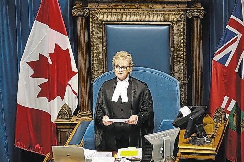 MIKE DEAL / WINNIPEG FREE PRESS

Speaker of the Legislative Assembly of Manitoba, Myrna Driedger, delivers the first-ever instance of a land acknowledgement as part of the formal proceedings of the legislative assembly of Manitoba Monday afternoon.

211129 - Monday, November 29, 2021.