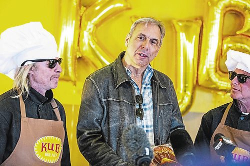 MIKAELA MACKENZIE / WINNIPEG FREE PRESS

Pepper Foster (left), Ross Einfeld, and Chip Foster speak at a press conference announcing the sale of KUB Bakery to twins Chip and Pepper in Winnipeg on Wednesday, Jan. 4, 2023. For Gabby story.
Winnipeg Free Press 2022.