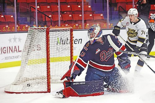 04012023
Goalie Drew Sim of the Regina Pats looks back as the puck sails into the net for a Brandon Wheat Kings goal during WHL action at Westoba Place on Wednesday evening. 
(Tim Smith/The Brandon Sun)