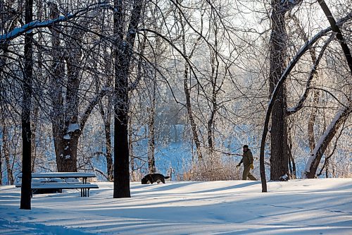 MIKE DEAL / WINNIPEG FREE PRESS
Romeo Lamondin out for a walk with his dog, Mucwah, in the frost covered trees in Crescent Drive Park Wednesday morning.
230104 - Wednesday, January 04, 2023.