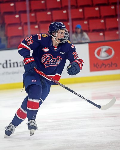 04012023
Brandon hockey player Cole Temple #28 of the Regina Pats plays in his first WHL match during WHL action against the Brandon Wheat Kings at Westoba Place on Wednesday evening. 
(Tim Smith/The Brandon Sun)