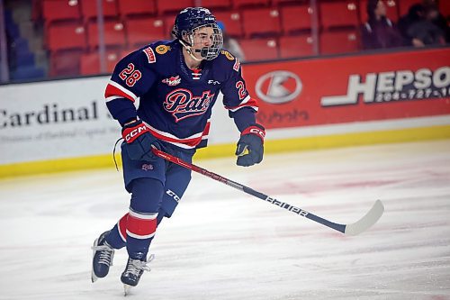 04012023
Brandon hockey player Cole Temple #28 of the Regina Pats plays in his first WHL match during WHL action against the Brandon Wheat Kings at Westoba Place on Wednesday evening. 
(Tim Smith/The Brandon Sun)