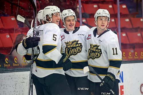 04012023
Trae Johnson #26 (C) of the Brandon Wheat Kings celebrates a goal with teammates during WHL action against the Regina Pats at Westoba Place on Wednesday evening. 
(Tim Smith/The Brandon Sun)