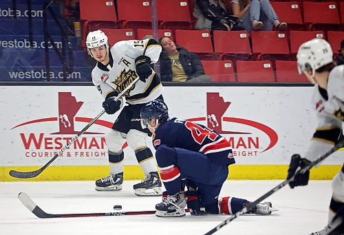 04012023
Jake Chiasson #19 of the Brandon Wheat Kings passes the puck during WHL action against the Regina Pats at Westoba Place on Wednesday evening. 
(Tim Smith/The Brandon Sun)