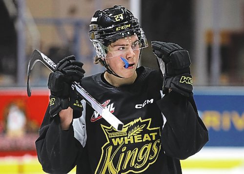 Brandon Wheat Kings defenceman Luke Shipley adjusts his helmet at practice at Westoba Place on Thursday. He is the only Wheat King who has played against the Portland Winterhawks this season. (Perry Bergson/The Brandon Sun)
