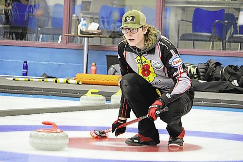 Morden’s Rhilynd Peters gives instructions to his teammates during their 9-1 win over Andrew Kempthorne in the opening draw of the Brandon men’s competitive bonspiel on Friday night. (Lucas Punkari/The Brandon Sun)
