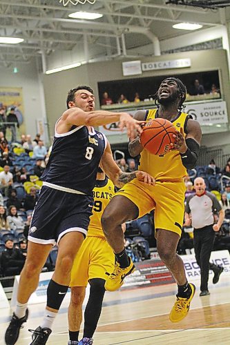 Brandon University Bobcats Eli Ampofo drives for a layup against the UBC Thunderbirds in Canada West men's basketball action at the Healthy Living Centre on Friday. (Thomas Friesen/The Brandon Sun)