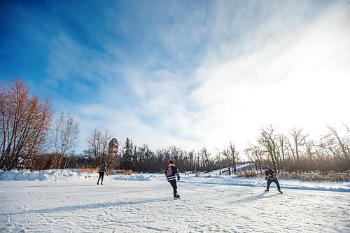 MIKAELA MACKENZIE / WINNIPEG FREE PRESS

Brandi Crones (left), Philip Okemow, and Lorne Musqua skate on the Riley Family Duck Pond, which opened today, at Assiniboine Park in Winnipeg on Friday, Jan. 6, 2023. 
Winnipeg Free Press 2023.