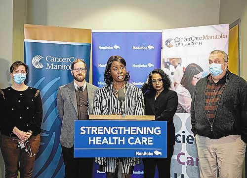 JESSICA LEE / WINNIPEG FREE PRESS

Health Minister Audrey Gordon (centre) is photographed at a press conference at CancerCare on January 9, 2023.

Reporter: Katie May