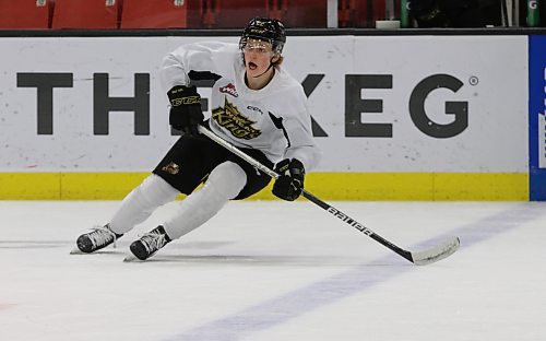 Brandon Wheat Kings rookie forward Evan Groening calls for the puck during practice at Westoba Place on Monday afternoon as they prepare to face the Seattle Thunderbirds this evening. (Perry Bergson/The Brandon Sun)