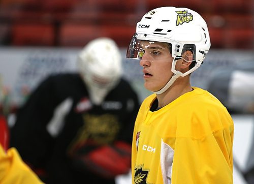 Seventeen-year-old Wheat Kings forward Trae Johnson, shown at practice earlier this season, was dealt to the Kelowna Rockets along with a third-round pick in 2023 and a fifth-round pick in 2024 for 18-year-old Nolan Flamand. (Perry Bergson/The Brandon Sun)